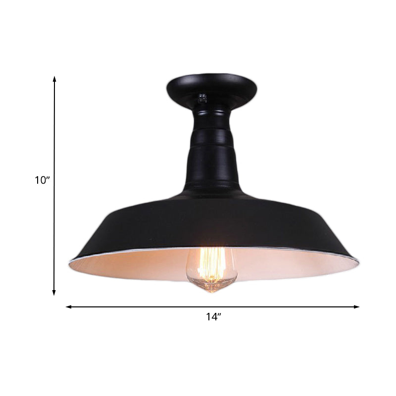 Industrial Barn Semi-Flush Mount Ceiling Light in Black - 10"/14" Diameter, 1 Bulb, Metallic Shade