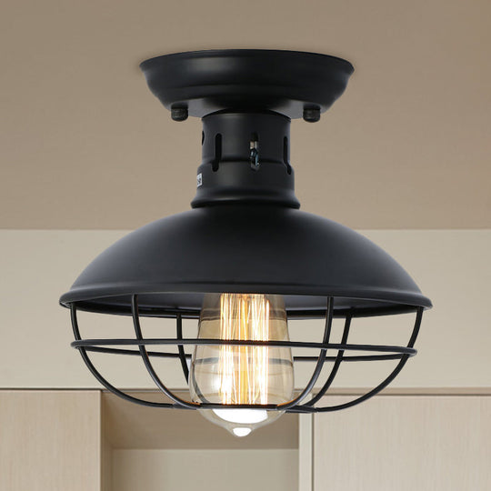 Stylish Black Bowl Semi Flush Mount Farmhouse Metal Ceiling Fixture with Cage Shade - 1 Light for Dining Room