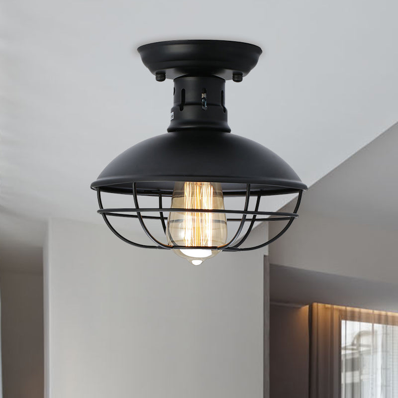 Stylish Black Bowl Semi Flush Mount Farmhouse Metal Ceiling Fixture with Cage Shade - 1 Light for Dining Room