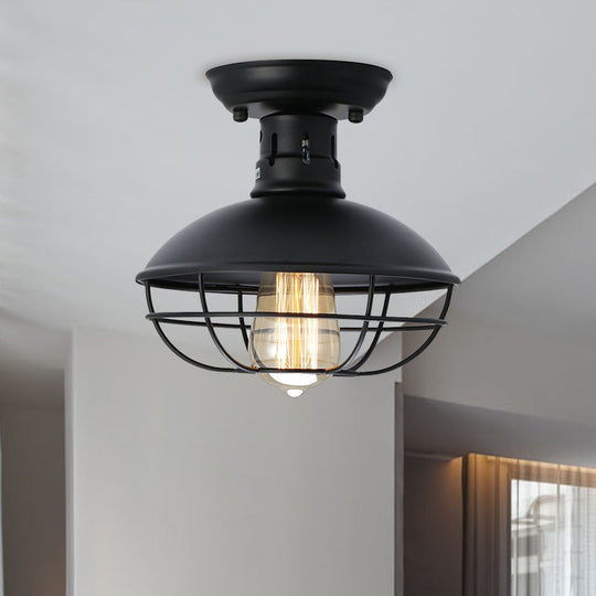 Stylish Black Bowl Semi Flush Mount Farmhouse Metal Ceiling Fixture with Cage Shade - 1 Light for Dining Room