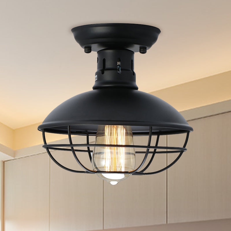 Stylish Black Bowl Semi Flush Mount Farmhouse Metal Ceiling Fixture with Cage Shade - 1 Light for Dining Room