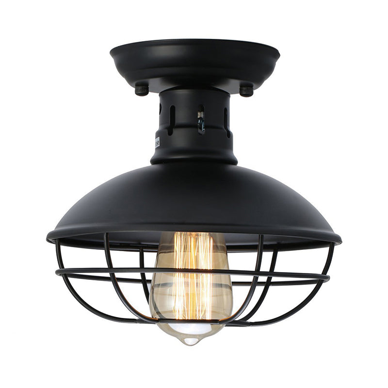 Stylish Black Bowl Semi Flush Mount Farmhouse Metal Ceiling Fixture with Cage Shade - 1 Light for Dining Room