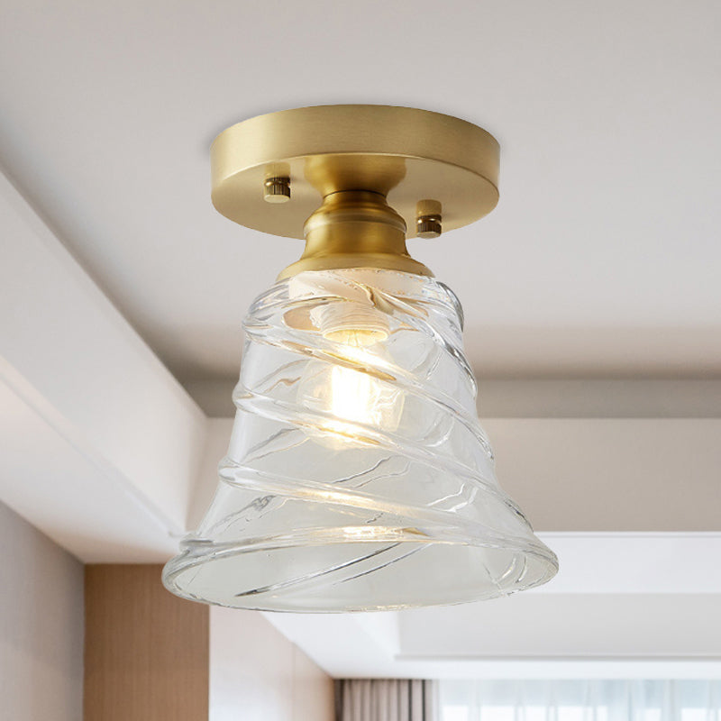 Industrial-Style Cone Glass Ceiling Light - Single Bulb Semi Flush Mount Fixture in Brass with Clear Textured Glass for Living Rooms