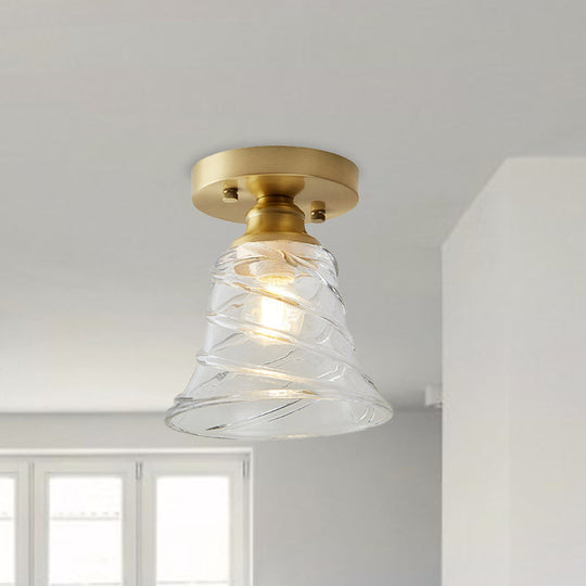 Industrial-Style Cone Glass Ceiling Light - Single Bulb Semi Flush Mount Fixture in Brass with Clear Textured Glass for Living Rooms