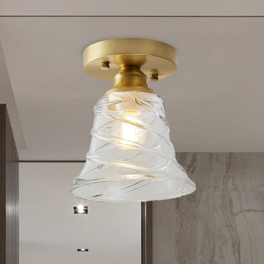 Industrial-Style Cone Glass Ceiling Light - Single Bulb Semi Flush Mount Fixture in Brass with Clear Textured Glass for Living Rooms