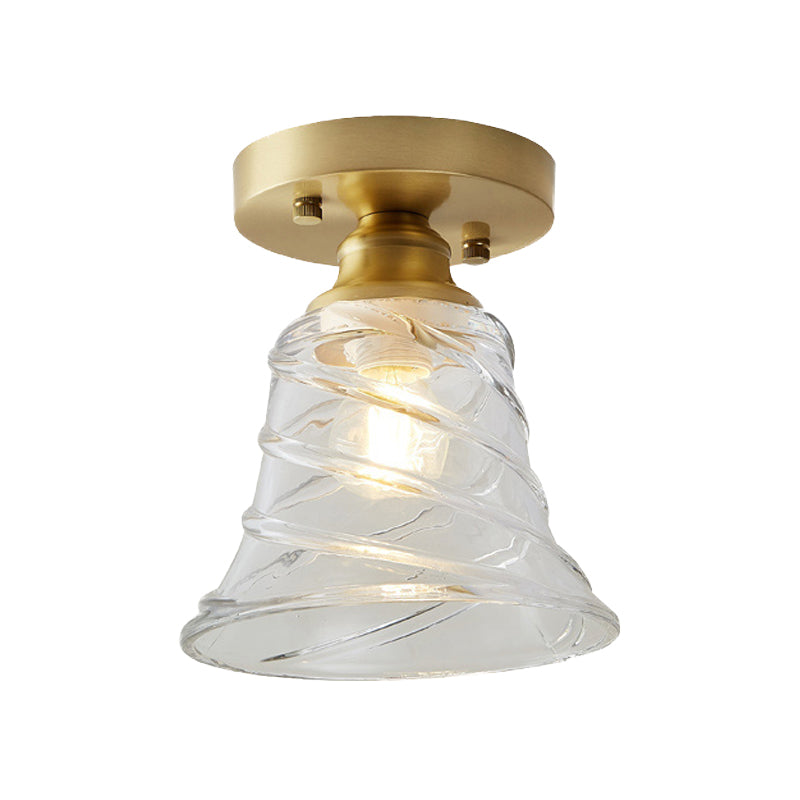 Industrial-Style Cone Glass Ceiling Light - Single Bulb Semi Flush Mount Fixture in Brass with Clear Textured Glass for Living Rooms