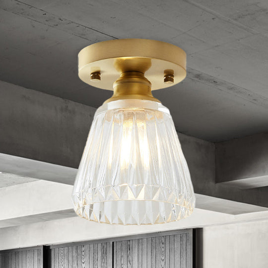 Industrial-Style Cone Glass Ceiling Light - Single Bulb Semi Flush Mount Fixture in Brass with Clear Textured Glass for Living Rooms