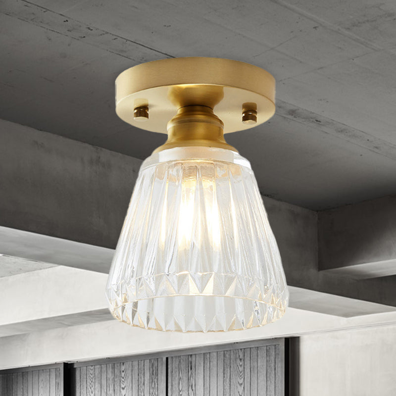 Industrial-Style Cone Glass Ceiling Light - Single Bulb Semi Flush Mount Fixture In Brass With Clear