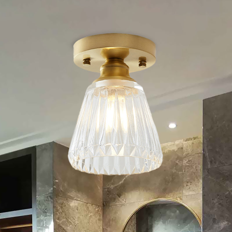 Industrial-Style Cone Glass Ceiling Light - Single Bulb Semi Flush Mount Fixture in Brass with Clear Textured Glass for Living Rooms