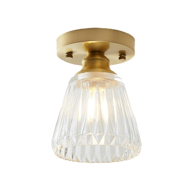 Industrial-Style Cone Glass Ceiling Light - Single Bulb Semi Flush Mount Fixture in Brass with Clear Textured Glass for Living Rooms