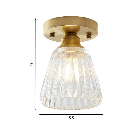 Industrial-Style Cone Glass Ceiling Light - Single Bulb Semi Flush Mount Fixture in Brass with Clear Textured Glass for Living Rooms