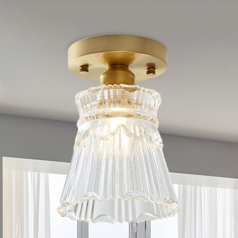 Industrial-Style Cone Glass Ceiling Light - Single Bulb Semi Flush Mount Fixture in Brass with Clear Textured Glass for Living Rooms