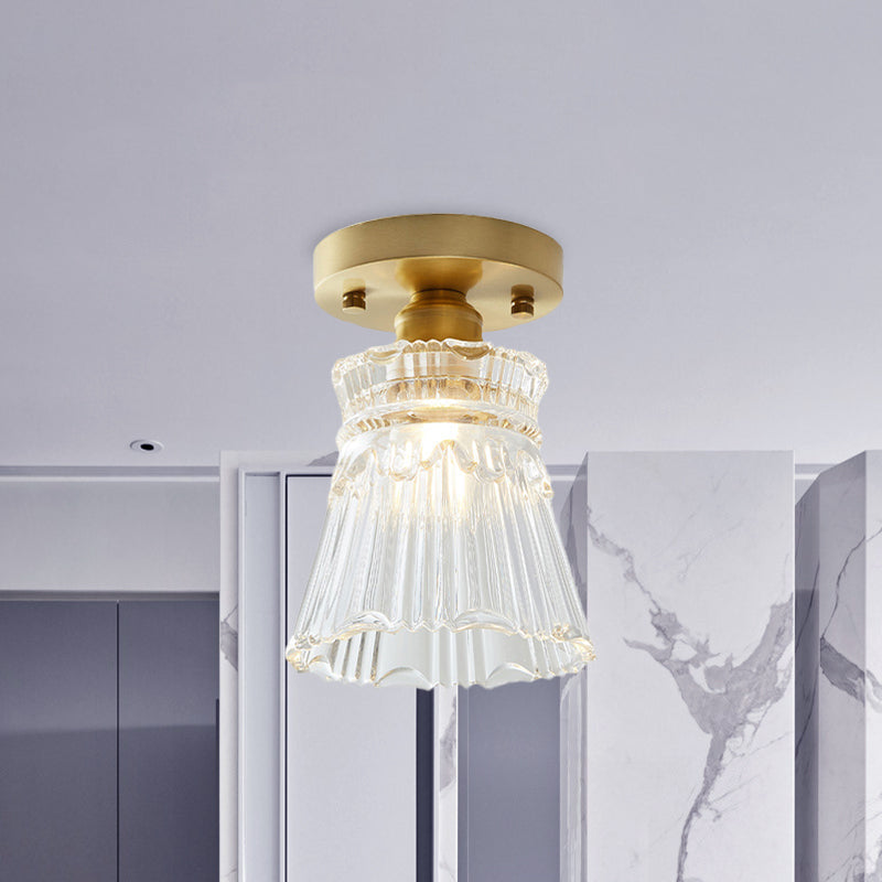 Brass Cone Ceiling Light: Industrial Semi Flush Mount With Clear Textured Glass For Living Room