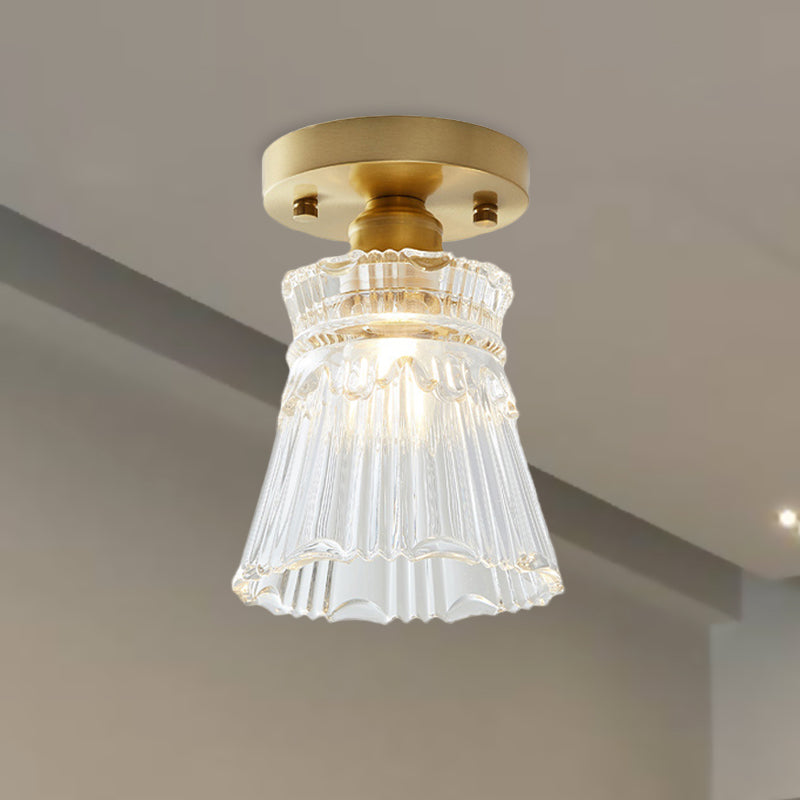 Industrial-Style Cone Glass Ceiling Light - Single Bulb Semi Flush Mount Fixture in Brass with Clear Textured Glass for Living Rooms