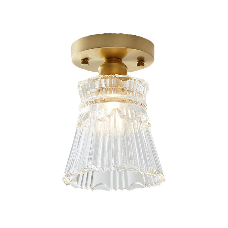 Industrial-Style Cone Glass Ceiling Light - Single Bulb Semi Flush Mount Fixture in Brass with Clear Textured Glass for Living Rooms