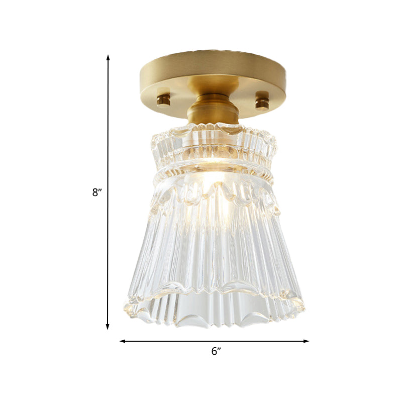 Industrial-Style Cone Glass Ceiling Light - Single Bulb Semi Flush Mount Fixture in Brass with Clear Textured Glass for Living Rooms