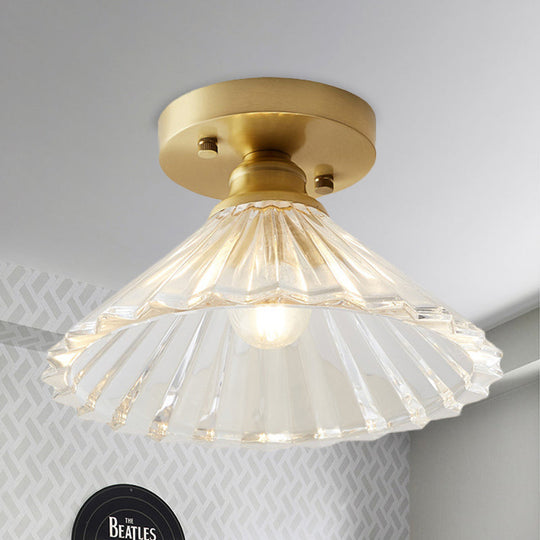 Industrial-Style Cone Glass Ceiling Light - Single Bulb Semi Flush Mount Fixture in Brass with Clear Textured Glass for Living Rooms