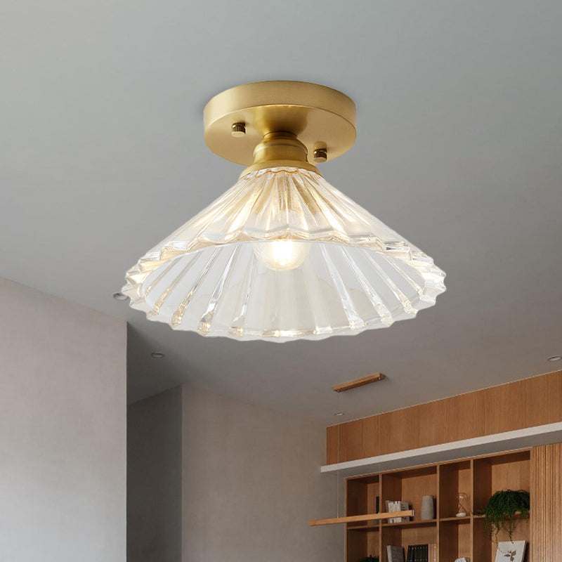 Industrial-Style Cone Glass Ceiling Light - Single Bulb Semi Flush Mount Fixture in Brass with Clear Textured Glass for Living Rooms