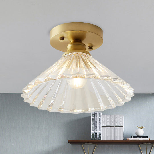 Industrial-Style Cone Glass Ceiling Light - Single Bulb Semi Flush Mount Fixture in Brass with Clear Textured Glass for Living Rooms