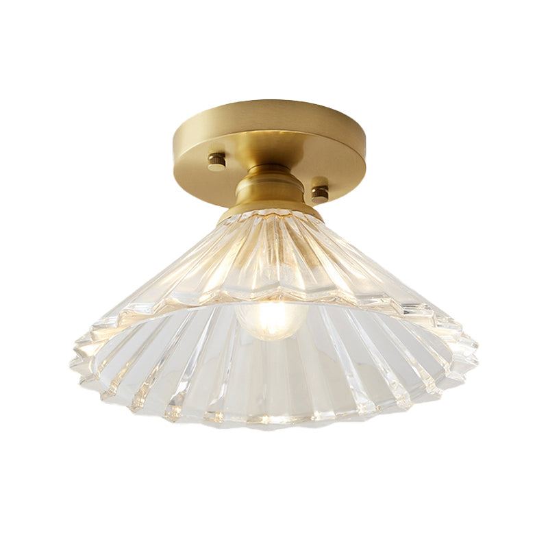 Industrial-Style Cone Glass Ceiling Light - Single Bulb Semi Flush Mount Fixture in Brass with Clear Textured Glass for Living Rooms