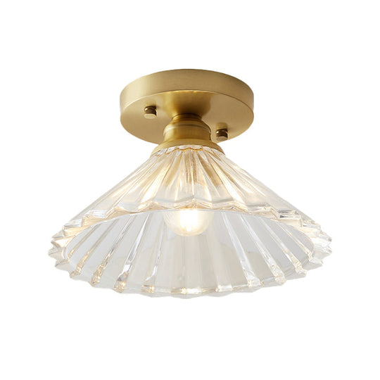 Industrial-Style Cone Glass Ceiling Light - Single Bulb Semi Flush Mount Fixture In Brass With Clear