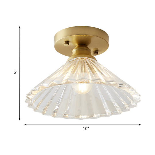 Industrial-Style Cone Glass Ceiling Light - Single Bulb Semi Flush Mount Fixture in Brass with Clear Textured Glass for Living Rooms