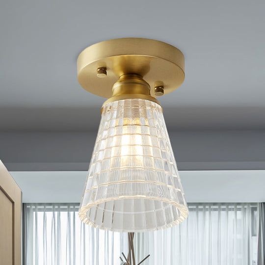 Industrial-Style Cone Glass Ceiling Light - Single Bulb Semi Flush Mount Fixture in Brass with Clear Textured Glass for Living Rooms