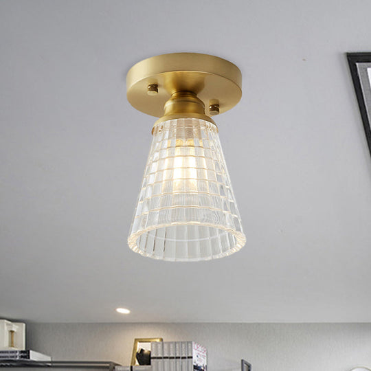 Industrial-Style Cone Glass Ceiling Light - Single Bulb Semi Flush Mount Fixture in Brass with Clear Textured Glass for Living Rooms