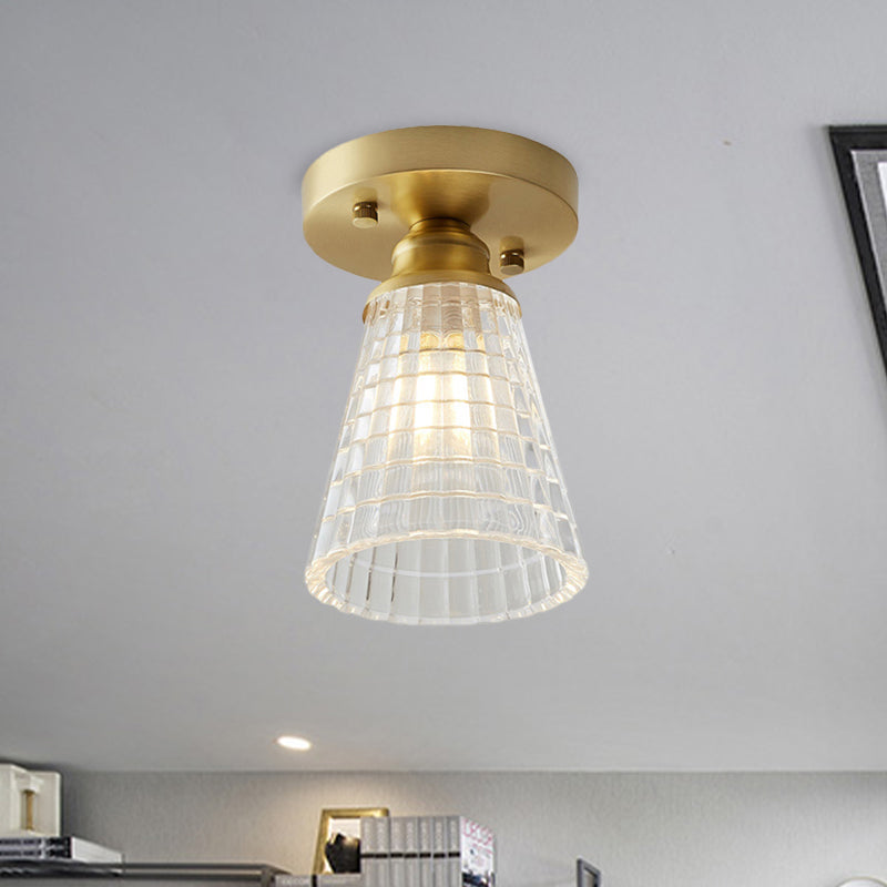 Industrial-Style Cone Glass Ceiling Light - Single Bulb Semi Flush Mount Fixture In Brass With Clear