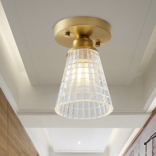 Industrial-Style Cone Glass Ceiling Light - Single Bulb Semi Flush Mount Fixture in Brass with Clear Textured Glass for Living Rooms