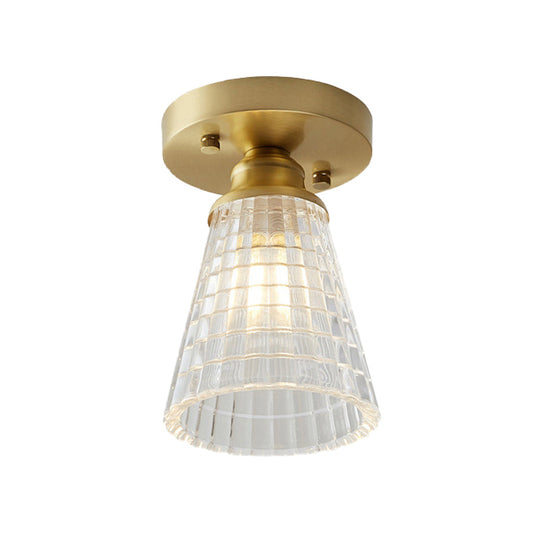 Industrial-Style Cone Glass Ceiling Light - Single Bulb Semi Flush Mount Fixture in Brass with Clear Textured Glass for Living Rooms