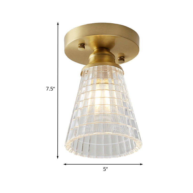 Industrial-Style Cone Glass Ceiling Light - Single Bulb Semi Flush Mount Fixture in Brass with Clear Textured Glass for Living Rooms