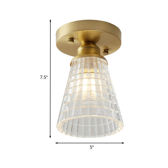 Industrial-Style Cone Glass Ceiling Light - Single Bulb Semi Flush Mount Fixture in Brass with Clear Textured Glass for Living Rooms