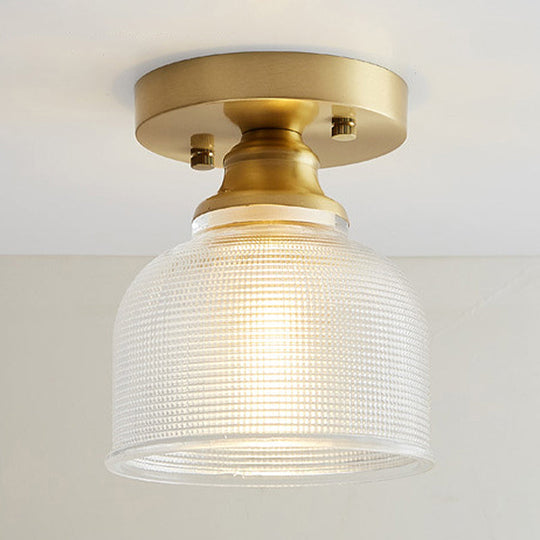 Industrial Brass Semi Flush Light with Prismatic Glass for Living Room