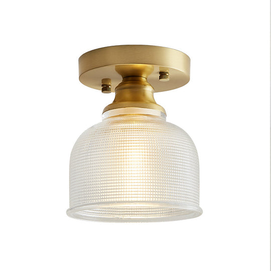 Industrial Brass Semi Flush Light with Prismatic Glass for Living Room