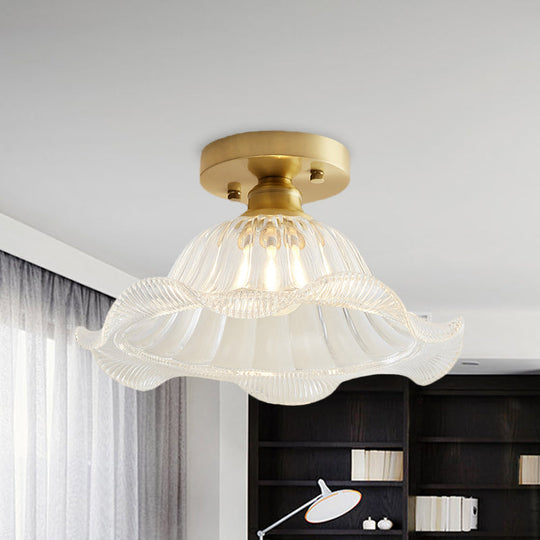 Scalloped Glass Industrial Ceiling Light Brass Finish - Living Room Semi Flush Mount One-Light