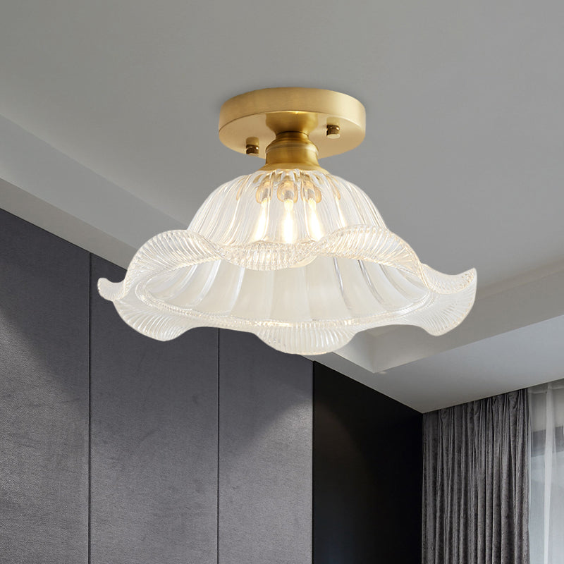 Industrial Brass Ceiling Light with Scalloped Texture - Living Room Semi Flush - One Light