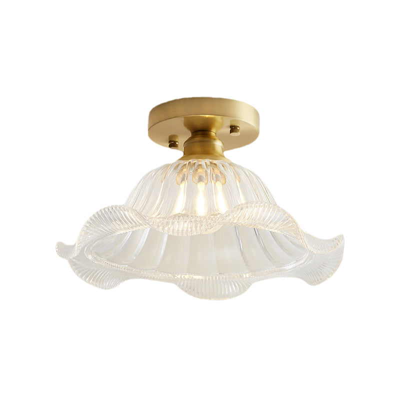 Scalloped Glass Industrial Ceiling Light Brass Finish - Living Room Semi Flush Mount One-Light