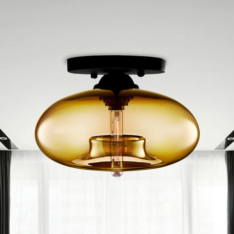 Industrial Semi Flush Ceiling Light with Oval Red/Brown/Blue Glass Shade - Black Finish, Ideal for Living Room