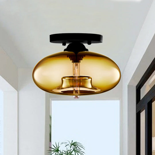 Industrial Semi Flush Ceiling Light with Oval Red/Brown/Blue Glass Shade - Black Finish, Ideal for Living Room