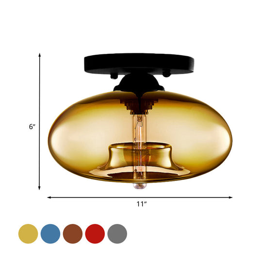 Industrial Semi Flush Ceiling Light with Oval Red/Brown/Blue Glass Shade - Black Finish, Ideal for Living Room