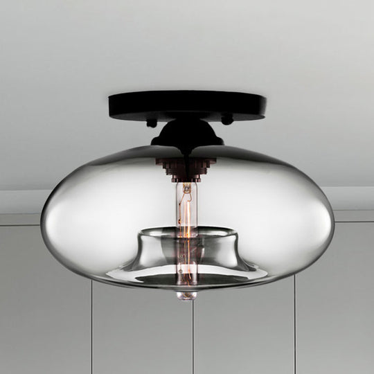 Industrial Semi Flush Ceiling Light with Oval Red/Brown/Blue Glass Shade - Black Finish, Ideal for Living Room