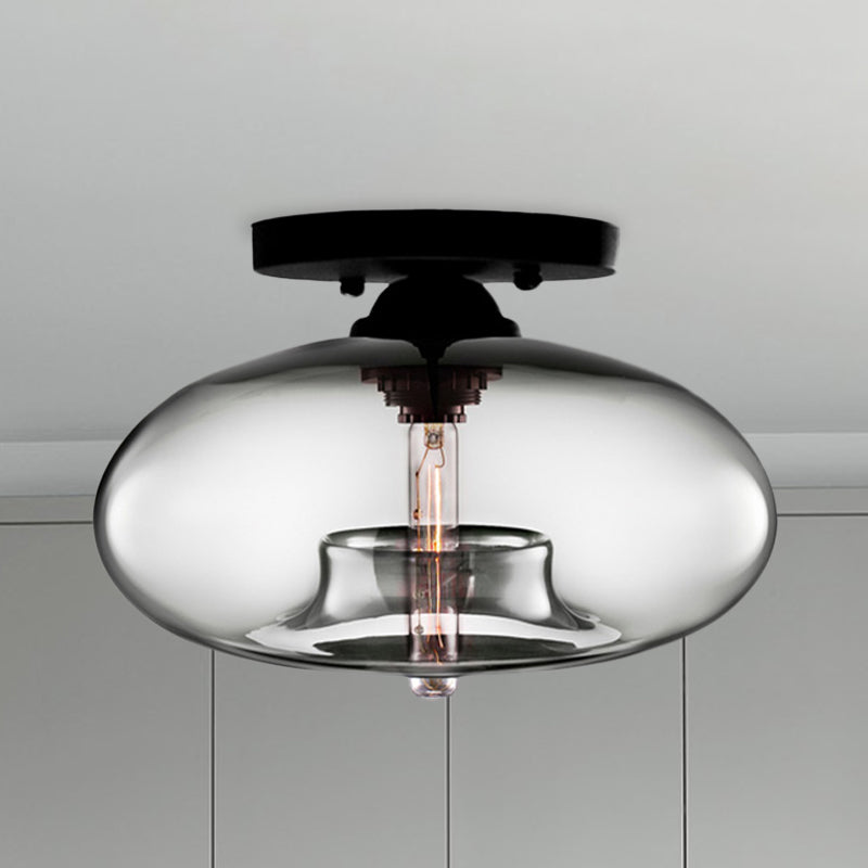 Industrial Semi Flush Ceiling Light With Oval Red/Brown/Blue Glass Shade - Black Finish Ideal For