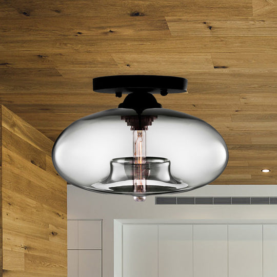 Industrial Semi Flush Ceiling Light with Oval Red/Brown/Blue Glass Shade - Black Finish, Ideal for Living Room