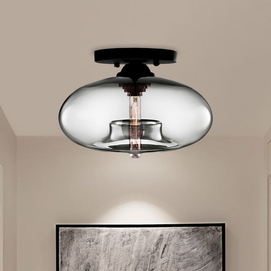 Industrial Semi Flush Ceiling Light with Oval Red/Brown/Blue Glass Shade - Black Finish, Ideal for Living Room