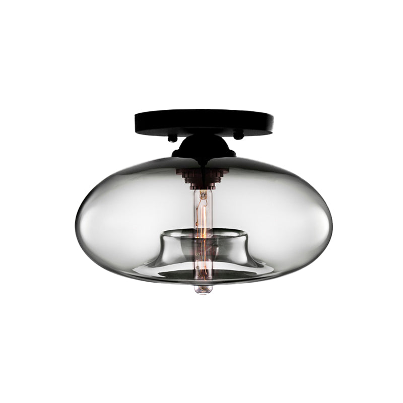 Industrial Semi Flush Ceiling Light with Oval Red/Brown/Blue Glass Shade - Black Finish, Ideal for Living Room