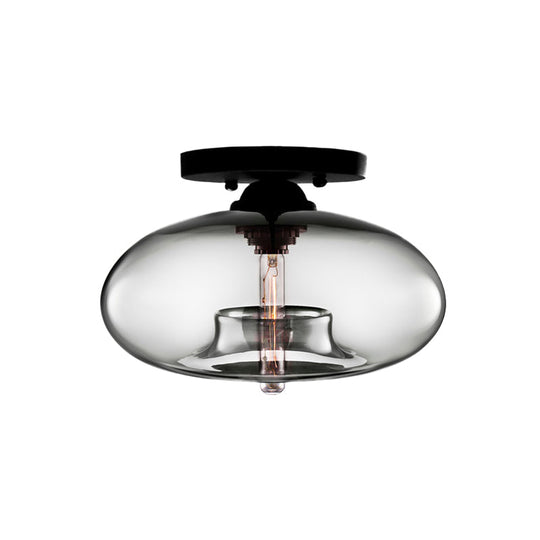 Industrial Semi Flush Ceiling Light with Oval Red/Brown/Blue Glass Shade - Black Finish, Ideal for Living Room