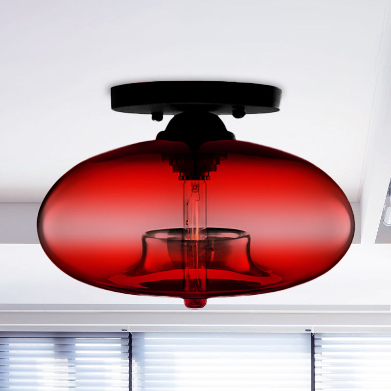 Industrial Semi Flush Ceiling Light with Oval Red/Brown/Blue Glass Shade - Black Finish, Ideal for Living Room