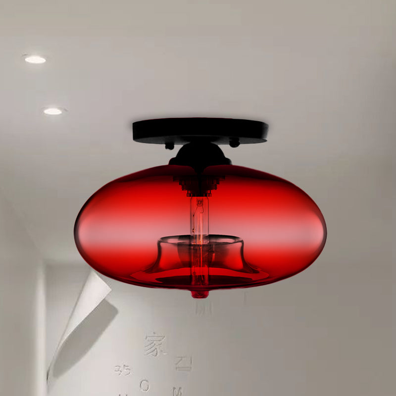 Industrial Semi Flush Ceiling Light with Oval Red/Brown/Blue Glass Shade - Black Finish, Ideal for Living Room