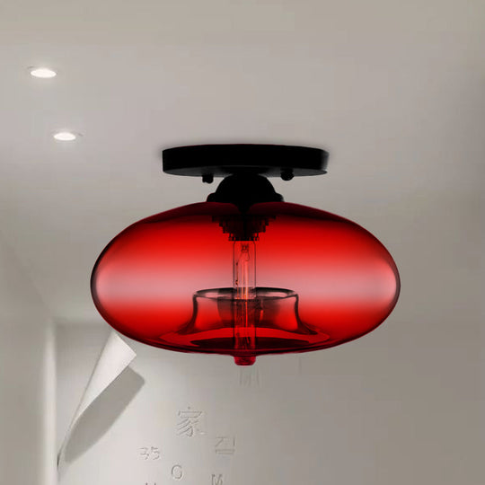 Industrial Semi Flush Ceiling Light With Oval Red/Brown/Blue Glass Shade - Black Finish Ideal For